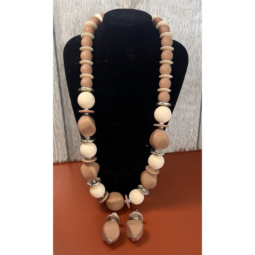 Vintage Necklace Earrings Hard Plastic‎ Chunky Earthy Tone White Beige Statement